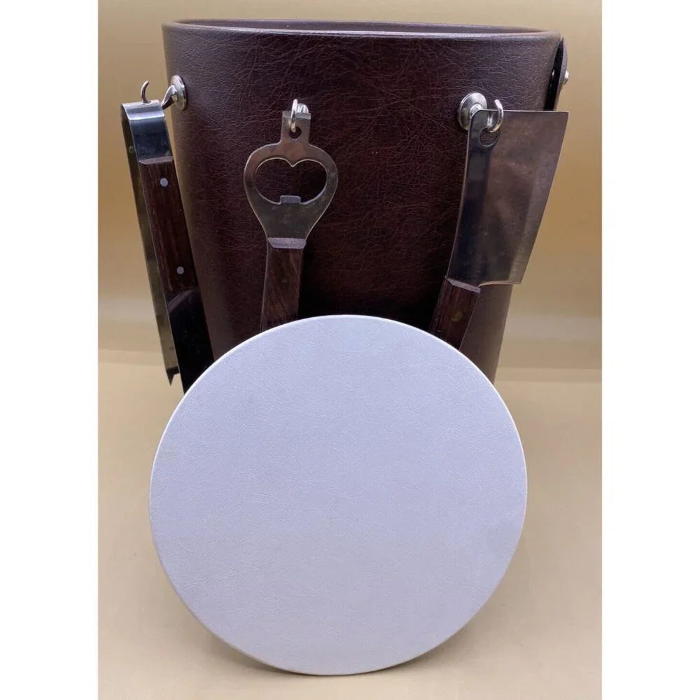 Vintage MCM Ice Bucket Brown Leather Vinyl With Handle And Bar Tools Mid Century
